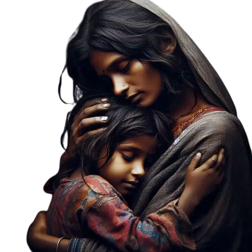 Poor woman lovingly hugs her girl child 
